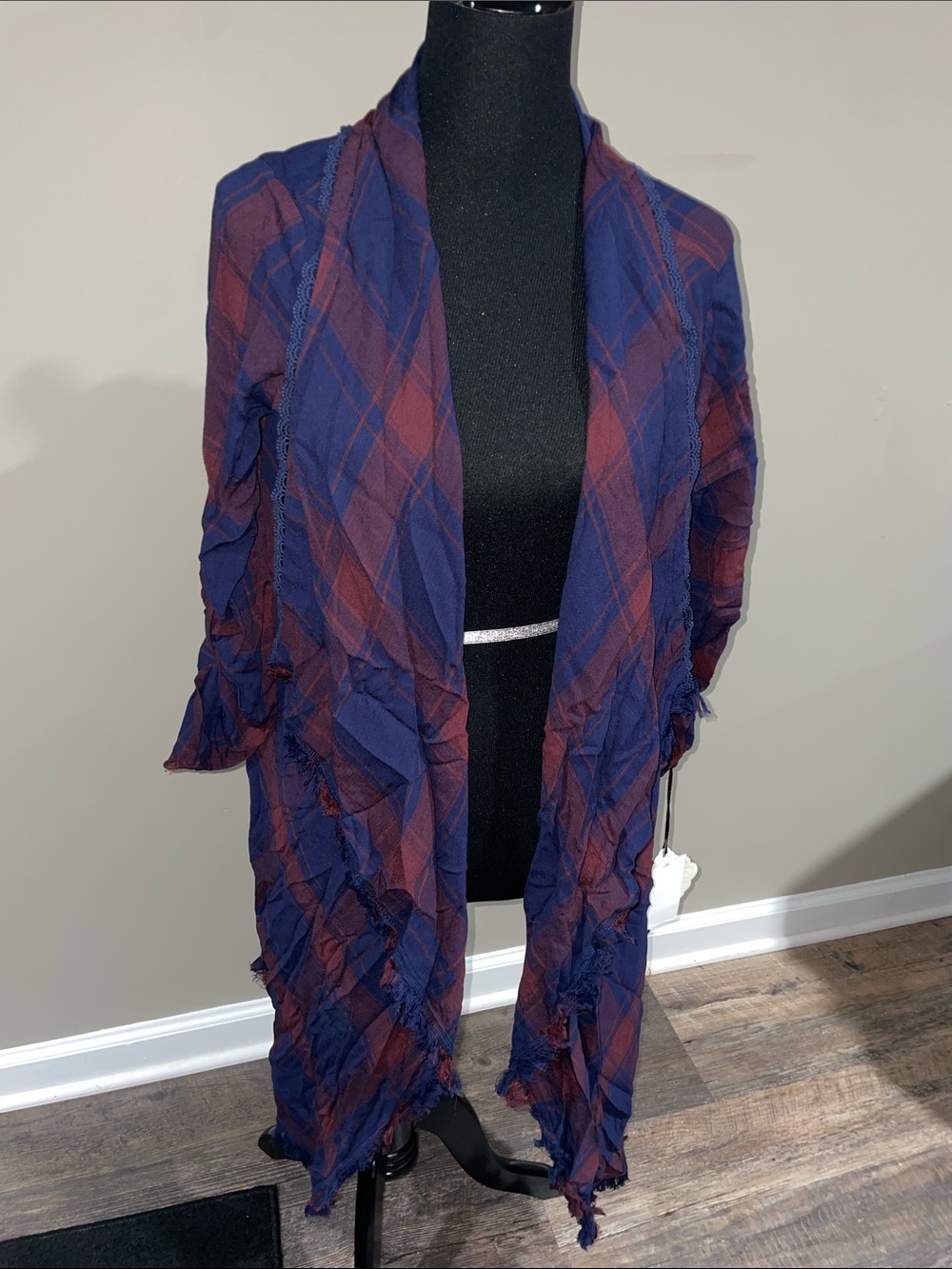 Multicolor Plaid Ruffle Cardigan - Navy & Burgundya- new with tags